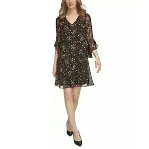 NEW! Calvin Klein Women's 6 V-Neck 3/4 Ruffle Sleeve Floral Chiffon Dress NWT$99